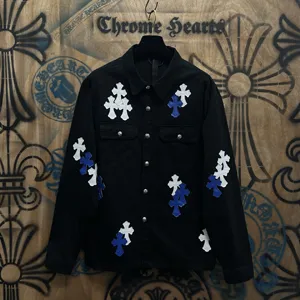 Chrome Hearts 高級レザーパッチワークデニムジャケット ブラック ユニセックス（Chrome Hearts 191）