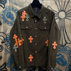 Chrome Hearts 高級レザーパッチワークデニムジャケット ブラウン ユニセックス（Chrome Hearts 189）