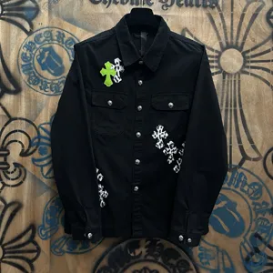 Chrome Hearts 高級レザーパッチワークデニムジャケット ブラック ユニセックス（Chrome Hearts 188）