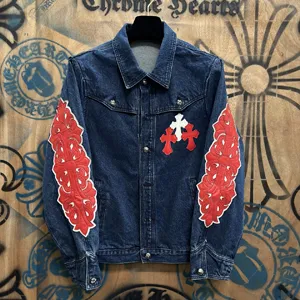 Chrome Hearts 高級レザーパッチワークデニムジャケット ブルー ユニセックス（Chrome Hearts 186）