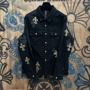 Chrome Hearts 高級レザーパッチワークデニムジャケット ブラック ユニセックス（Chrome Hearts 185）