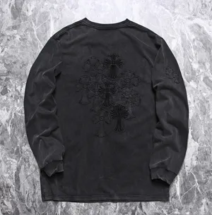 Chrome Hearts アップリケ刺繍 ダメージ加工 ウォッシュ加工 ラウンドネック ロングスリーブ Tシャツ ブラック（Chrome Hearts 200）