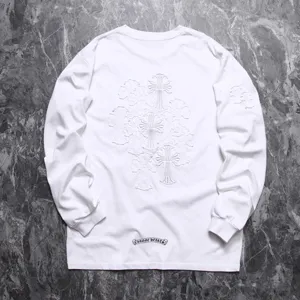 Chrome Hearts アップリケ刺繍 ダメージ加工 ウォッシュ加工 ラウンドネック ロングスリーブ Tシャツ ホワイト（Chrome Hearts 199）