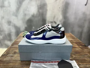 プラダ アメリカズカップ コレクション シャイニーカーフスキン＆メッシュ カジュアルスニーカー ダークブルー＆ブラック（Prada 28）