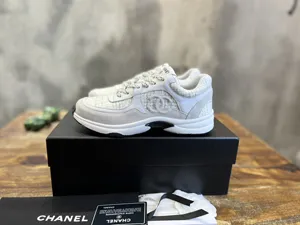 CHANEL シャネル 23S 春夏 グレー ダイヤモンドパターン ウール カラーブロック カジュアル スニーカー（G38299）