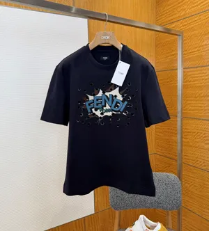 フェンディ ネイビーブルー コットン 刺繍 クルーネック Tシャツ (FY0936AW0XF0QG0)