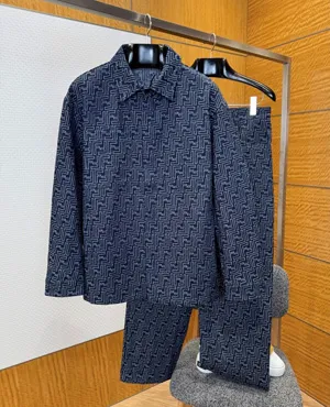フェンディ ネイビーブルー FFジャカード デニムジャケット＆パンツセット (Fendi00031)