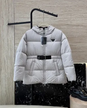 プラダ レディース ライトグレー フード付き ミドル丈 ダウンジャケット (Prada000026)