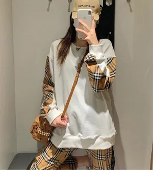 バーバリー ホワイト カップルズ チェック柄 クルーネック スウェットシャツ（Burberry000077）