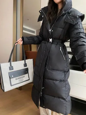 バーバリー キルティング レディース ブラック ロング フード付き ドローストリング ダウンジャケット（Burberry00074）