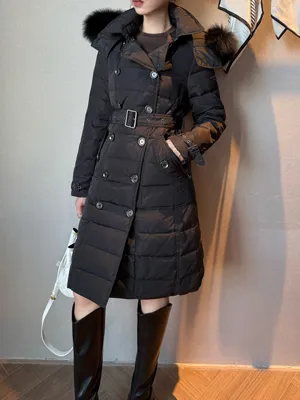 バーバリー レディース ブラック ダブルブレスト ファーカラー フード付き ロングダウンジャケット (Burberry000067)