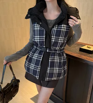 バーバリー レディース ブルー ヴィンテージチェックパネル ダブルサイド ノースリーブ ダウンジャケット（Burberry000051）