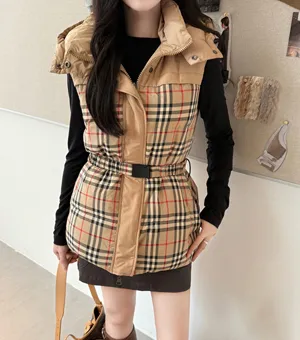 バーバリー レディース ベージュ ヴィンテージチェックパネル ダブルサイド ノースリーブ ダウンジャケット（Burberry000051）