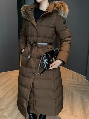 バーバリー レディース ブラウン シンベルト フード付き ロングダウンジャケット（Burberry000045）