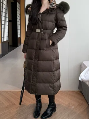 バーバリー レディース ダークグリーン フード付きダウンジャケット（ファーカラー付き）（Burberry000006）