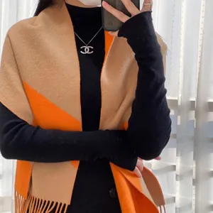 エルメス「カサック シェブロン」オレンジキャメル カシミア ロングマフラー 30*168（Hermès000125）