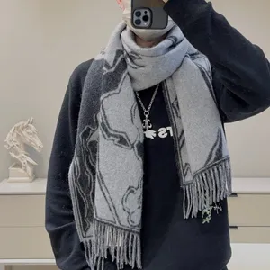 エルメス「馬の舞踏」ブラックグレー カシミヤロングマフラー 40*160（Hermès000094）