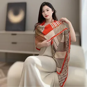 エルメス「ドレサージュトレサージュ」オレンジ  カシミアショール 136*137（Hermès000046）