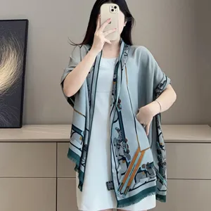 エルメス「スティープルチェイス」グレーブルー カシミア ロング マフラー 63*180（Hermès000007）