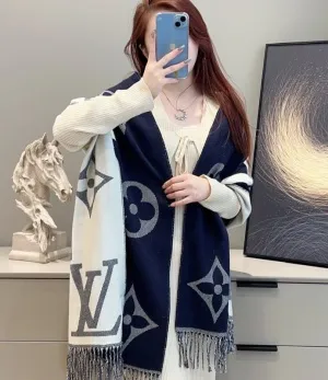 ルイヴィトン「エシャルプモノグラムキャピタル」ネイビー/ホワイト リバーシブル カシミヤ マフラー 45×190cm（M73454）
