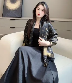 ルイヴィトン「ソーシャイン モノグラムショール」シルクショール ブラックゴールド 140×140cm（M71548）