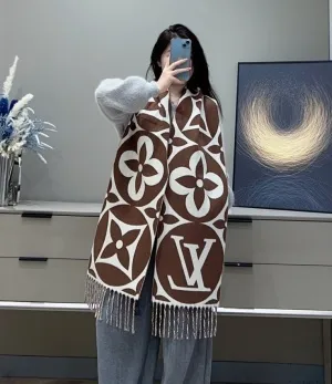 ルイヴィトン「LVメダリオン」ブラウン/ホワイト ウール リバーシブル マフラー 30×209cm（M79215）