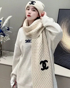 シャネル「CCロゴ」クリーム色ニットカシミヤマフラーセット 200 x 28cm（Chanel000086）