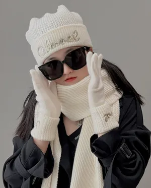 シャネル「スパンコール ロゴ」オフホワイト カシミアニットマフラー 3点セット 200 x 35cm（Chanel000088）