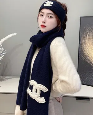 シャネル「オーシャン コレクション」ネイビーブルー カシミア ニットマフラー 200 x 35cm（Chanel000097）