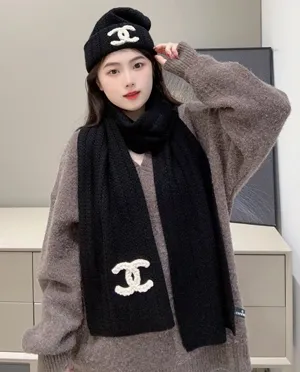 シャネル「リトル ウェーブ」ブラック ニット カシミア マフラー/ビーニー セット 200 x 28cm（Chanel000101）