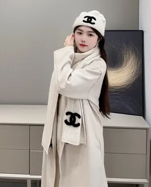 シャネル「リトル ウェーブ」オフホワイト ニット カシミア マフラー/ビーニー セット 200 x 28cm（Chanel000102）