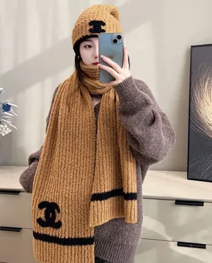 シャネル「テディベア」ターメリック ニット カシミアマフラー/ビーニーセット 190 x 30cm（Chanel000107）