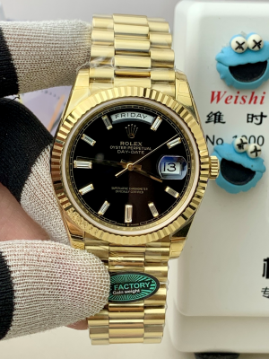 【RC Factory】ロレックス デイデイト 40mm “ブラック文字盤?バゲットダイヤインデックス” 配重設計 Cal.3255搭載モデル（通称：黒い氷砂糖）m228238-0067