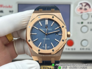 PPM製 オーデマ?ピゲ?ロイヤルオークRef. 15400OR（ローズゴールドケース＋ブルー文字盤＋ゴムストラップ）シリーズ「プレミアムウェイト版」