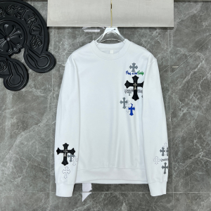 Chrome Hearts (クロムハーツ) 2025秋冬 クロス?サンスクリット レザーパッチワーク メタルスタッズ クルーネックスウェットシャツ