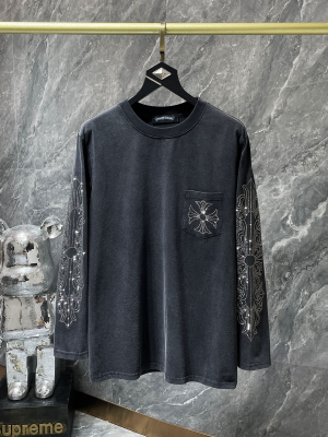 Chrome Hearts (クロムハーツ) 長袖Tシャツシリーズ 洗水ブラック クロスラインストーン ロングスリーブ
