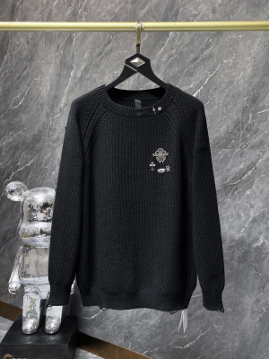 Chrome Hearts (クロムハーツ) 秋冬ニットセーター クロス金属装飾＋ダメージ加工 ウール混紡 ラグラン袖