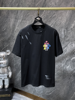 Chrome Hearts (クロムハーツ) 2026SS カラーフラワー＆クロス刺繍ダメージ加工Tシャツ（ブラック）