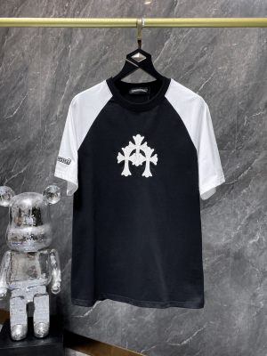 Chrome Hearts (クロムハーツ) 2025SS 新作 刺繍クロス＆レザーパッチ ラグラン プレミアムTシャツ（ブラック）