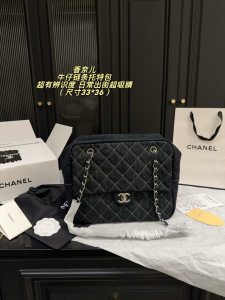 シャネル デニム ボストンバッグ ダークインディゴ シルバー金具