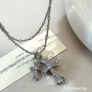 Chrome Hearts (クロムハーツ) デュアルクロス ネックレス 925シルバー クリスタル パヴェ 重ね付け風 ペンダント ユニセックス