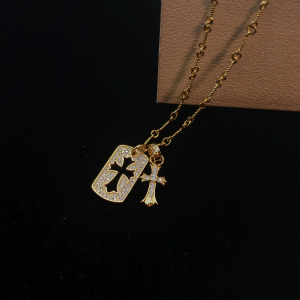 Chrome Hearts (クロムハーツ) ゴールド ダブルクロス ドッグタグ ネックレス 22Kイエローゴールド Pave Diamond セッティング ユニセックス