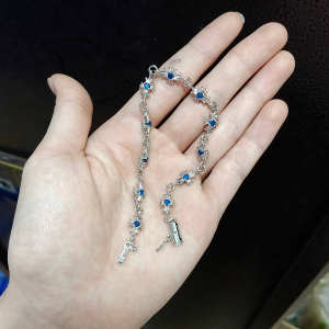 Chrome Hearts (クロムハーツ) プラチナ ブルーダイヤモンド クロス＆フラワー リンク ブレスレット 925シルバー ユニセックス
