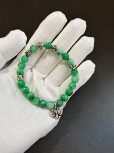 Chrome Hearts (クロムハーツ) スタイル 天然グリーンジェイド＆シルバー フルール?ド?リス チャーム ブレスレット