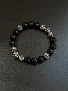 Chrome Hearts (クロムハーツ) スタイル 10mm ブラックオニキス＆クロス?オブ?クロス パヴェ ブレスレット