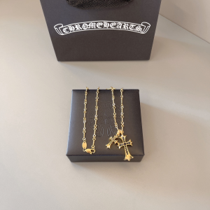 Chrome Hearts (クロムハーツ) 22K ゴールド プレート ダブル クロス ペンダント ネックレス (ブラックダイヤモンド)
