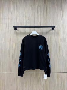 【Chrome Hearts】クロムハーツ ロングスリーブTシャツ ブラック×ブルー ホースシュー＆クロス 40番手双糸 発泡プリント 限定稀少アイテム