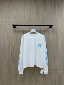 【Chrome Hearts】クロムハーツ ロングスリーブTシャツ ホワイト×ブルー ホースシュー＆クロス 40番手双糸 発泡プリント 限定稀少アイテム