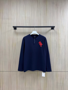 【Chrome Hearts】クロムハーツ 長袖ヘンリーネックシャツ ネイビー ワッフル生地 赤クロス刺繍 男女兼用