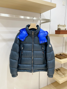 モンクレール Moncler コントラストカラー取り外し可能フード付きダウンジャケット ネイビー 男女兼用 hicopymn010